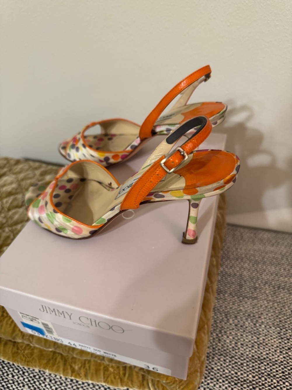 Jimmy Choo Multicolor Polka Dot Satin Slingback Sandals - Picture 2 of 4